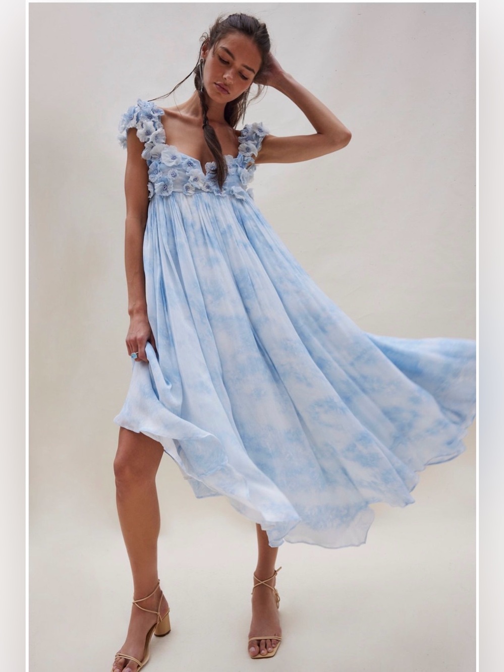 Free People Mango Mambo Maxi Dress Floral Smocking Crystal Blue Wash Combo S